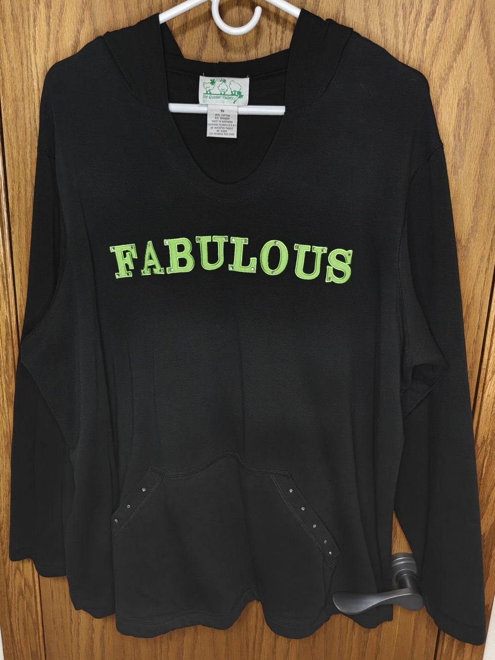 Women's Quacker Factory 'Fabulous' Black Hoodie with Neon Green Letters, Size 1X